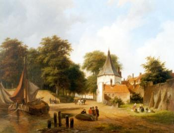 Bartholomeus Johannes Van Hove : Afgemeerde vrachtschepen buiten de stadsmuur